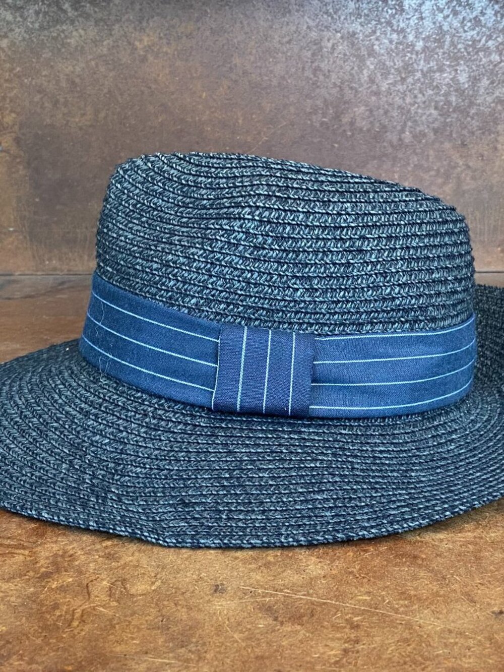 Magid Hats Navy Blue Straw Hat Fedora Striped Grosgrain Pinstripe Ribbon Band